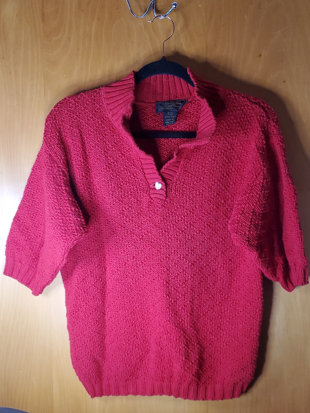 Vintage Eddie Bauer Textured Knit Henley Sweater Top - Red - Short Sleeve
